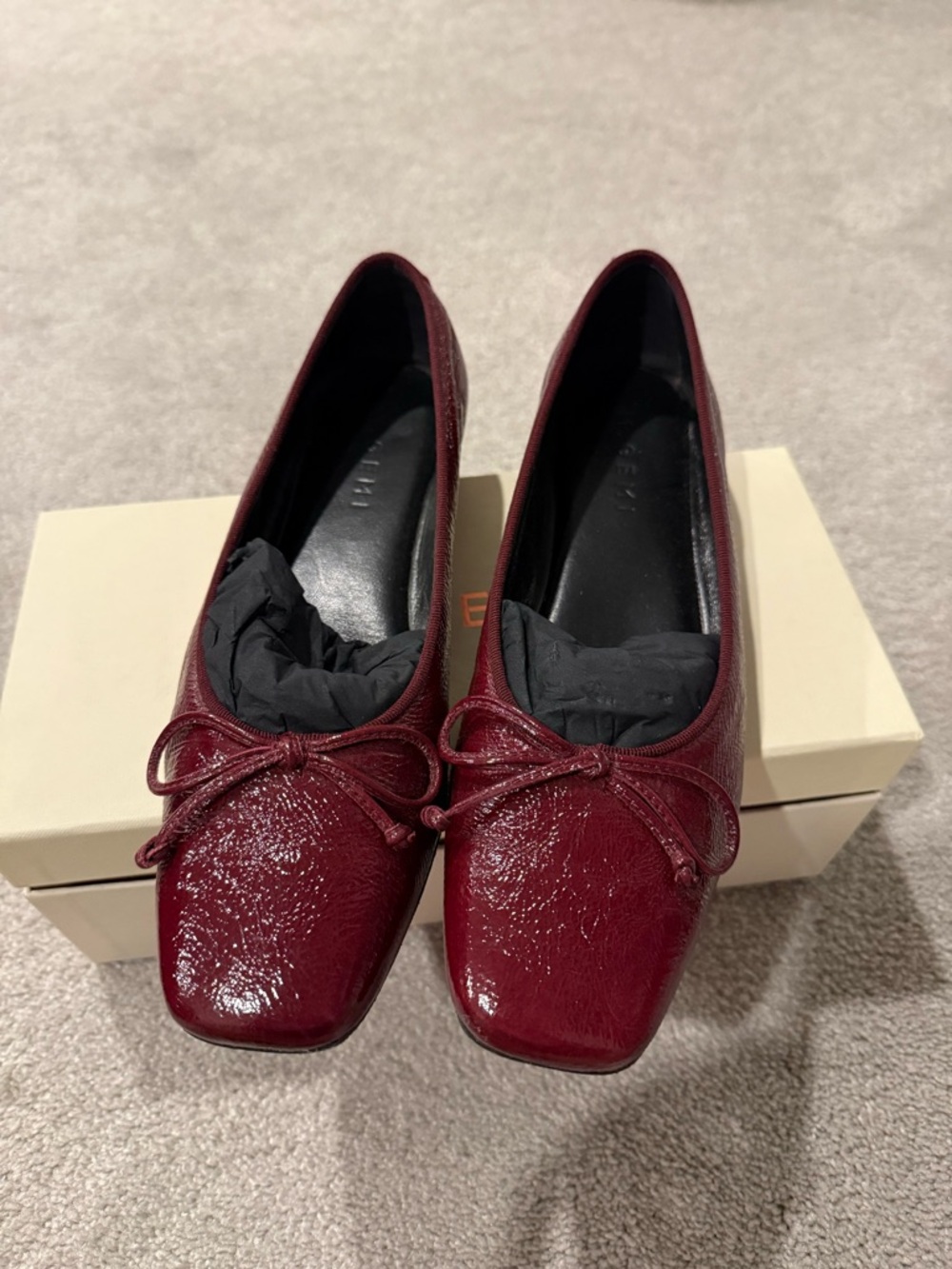Patent Burgundy Square-Toe Ballet Flats with Decorative Bow